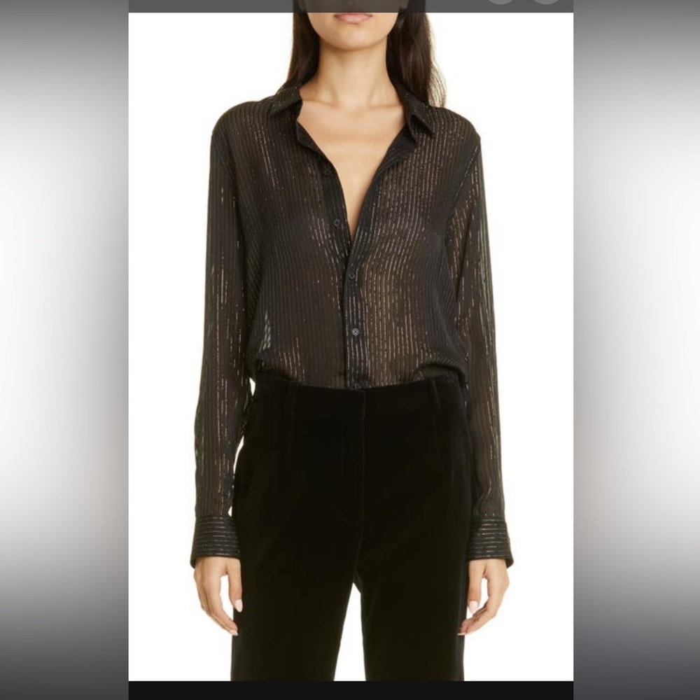 NWT Nili Lotan Gaia silk gold stripe Black Sheer Button Down Shirt